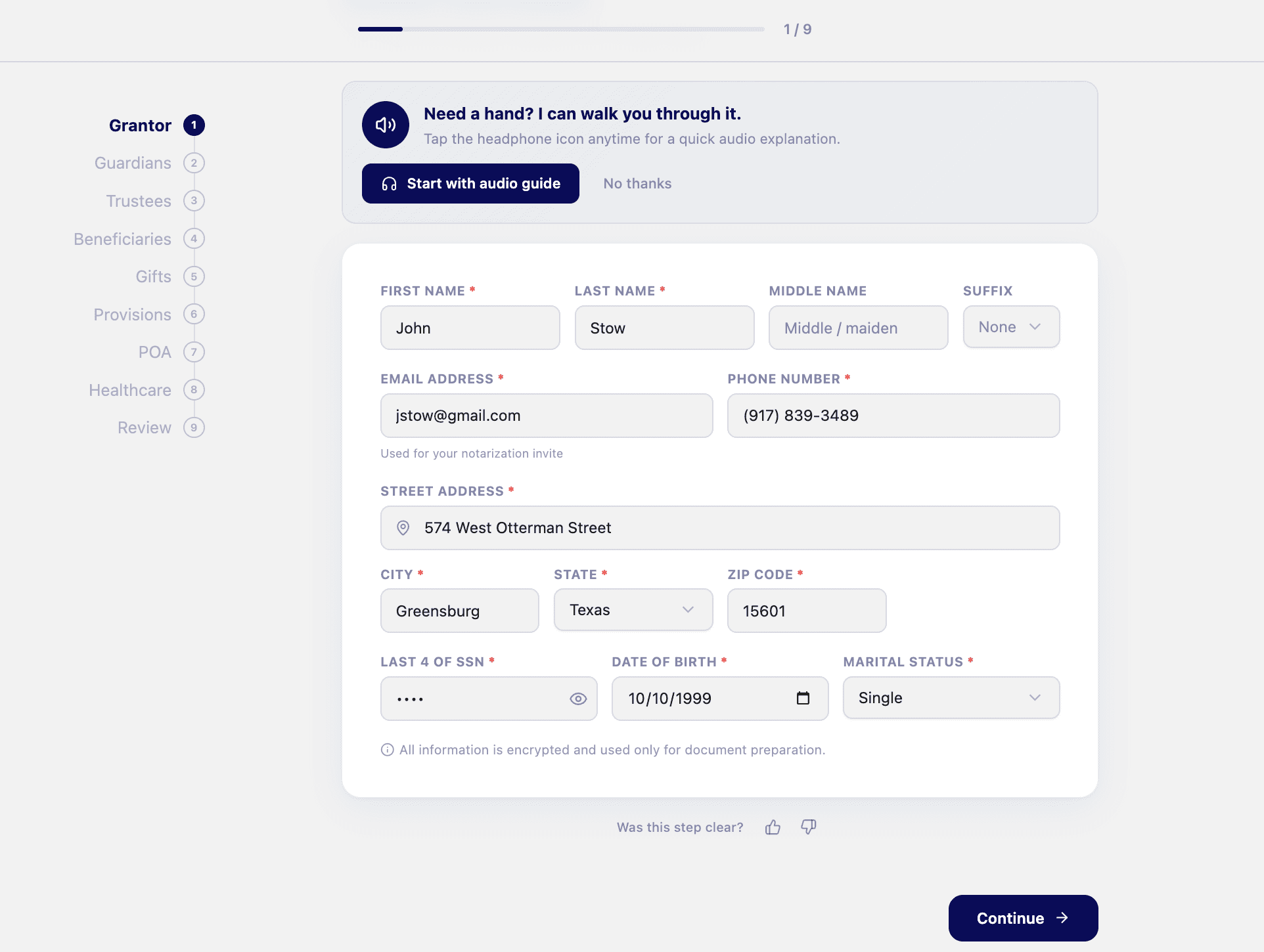 Inhira's guided interview, step 1 of 9 — entering name, contact, and address details in plain-language fields, with a note that all information is encrypted and an optional audio guide