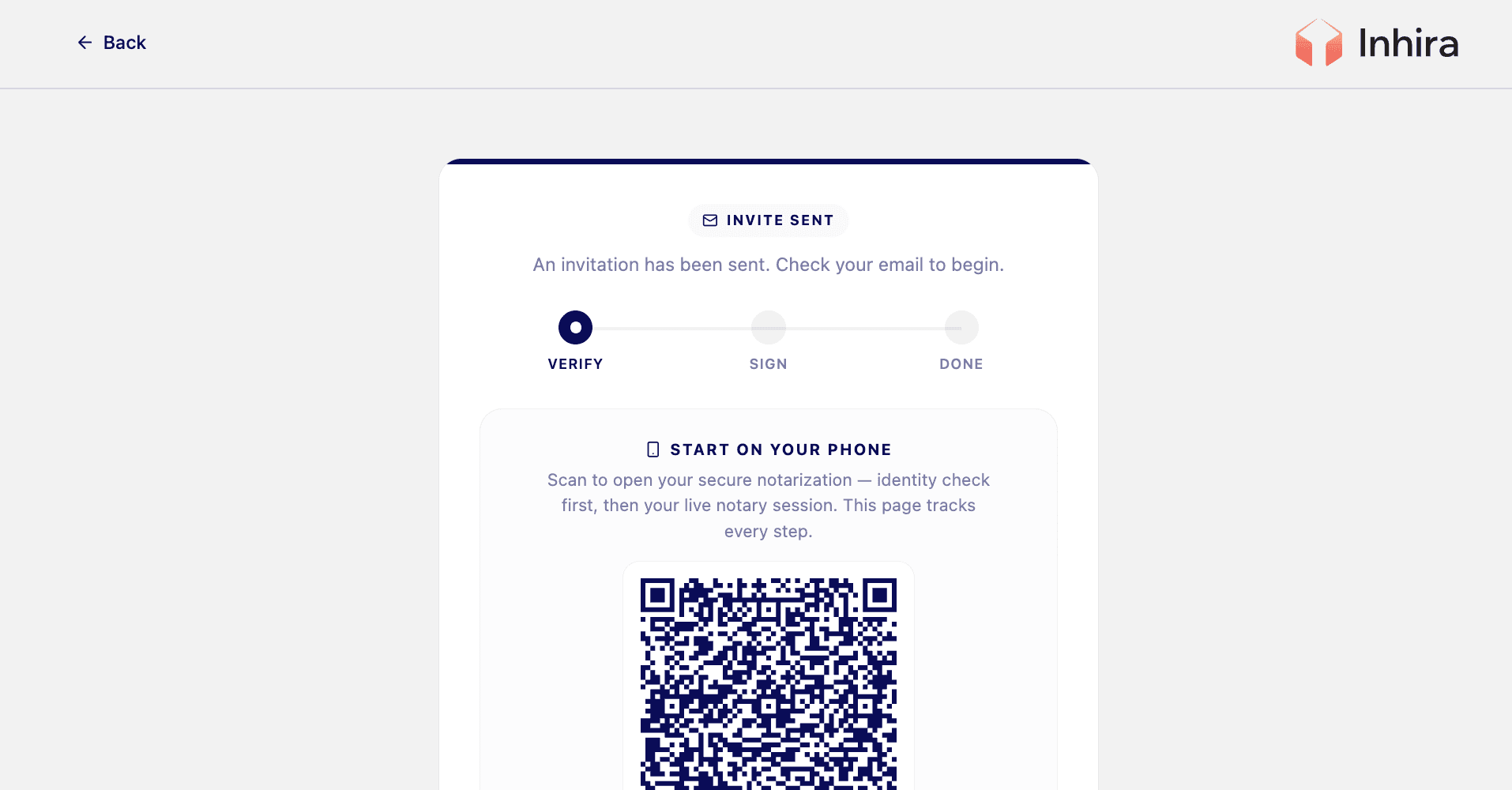 Inhira's online notarization screen with a Verify, Sign, Done progress tracker and a QR code to start the secure session on your phone — an identity check followed by a live notary session