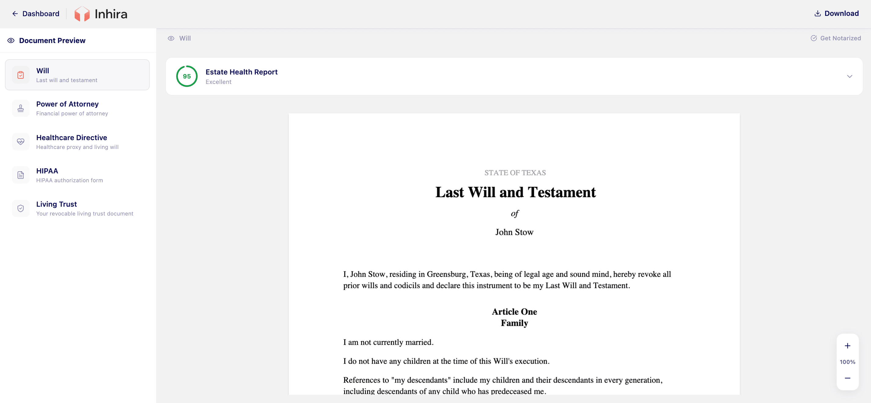 Inhira's document preview showing a personalized Last Will and Testament alongside an Estate Health Report marked Excellent, plus power of attorney, healthcare directive, and trust documents ready to notarize