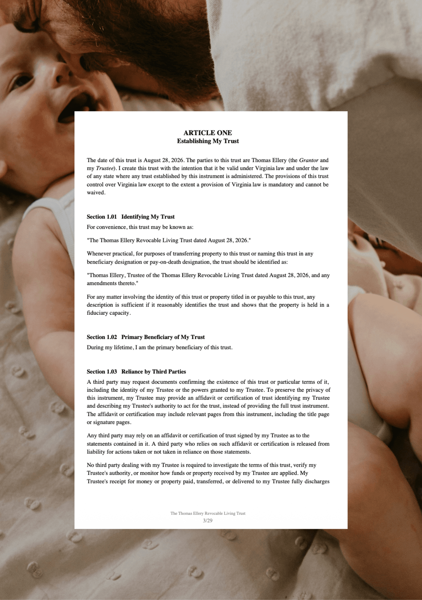 A baby lying on a blanket, beneath the first article of a revocable living trust.