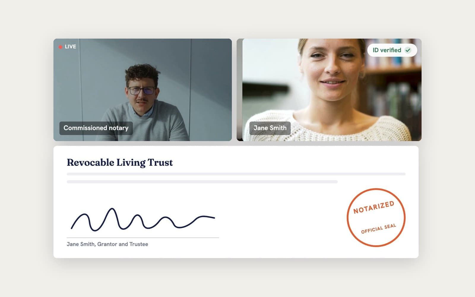 A live online notarization: a commissioned notary and Jane Smith on video, ID verified, and the signed Revocable Living Trust with a notary seal