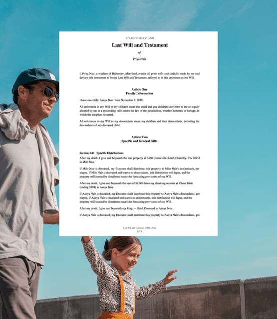 A father and his young daughter outdoors, beside the first page of a Last Will and Testament.
