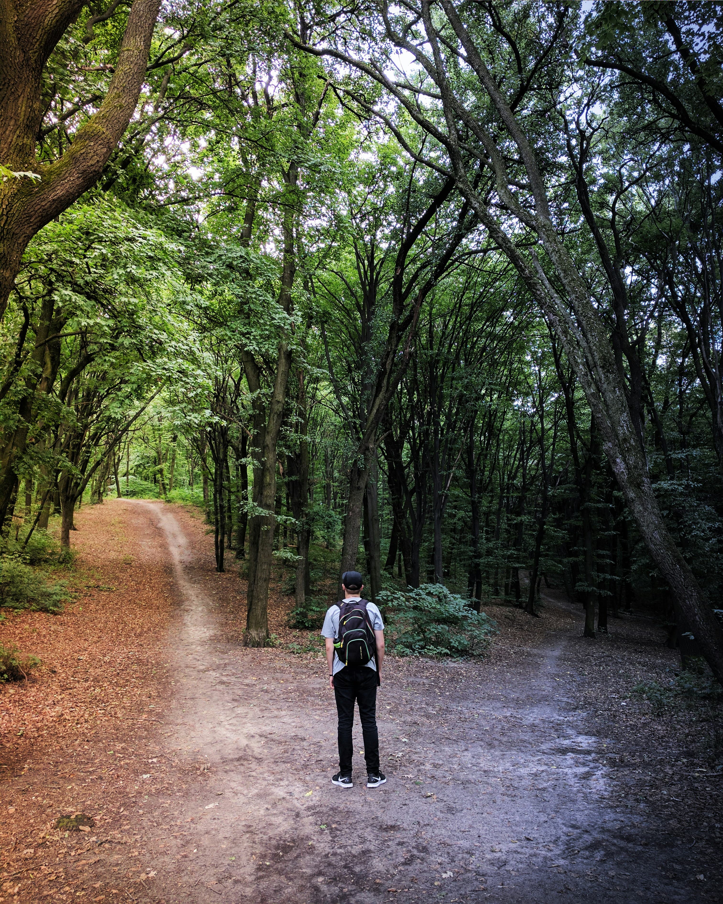 Man at an intersection of two trails deciding which route to go.